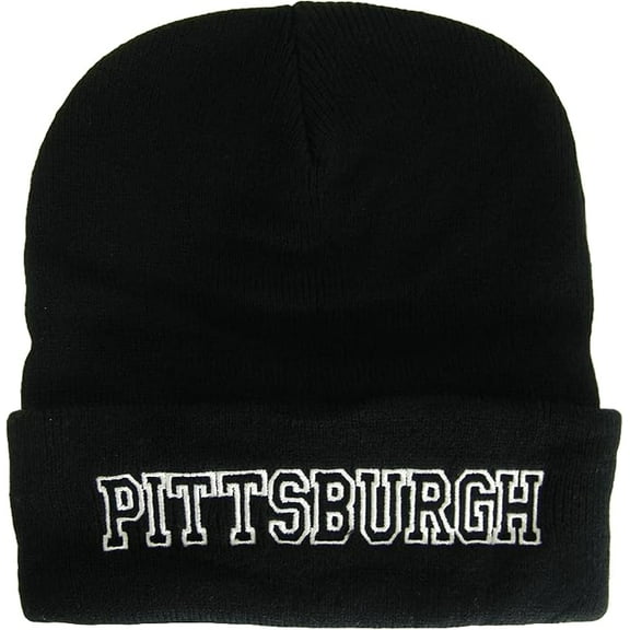 Pittsburgh City Name Cuffed Winter Knit Beanie Toboggan Hat (Black/White)