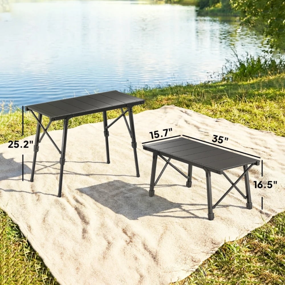 Folding Aluminum Camping Table 220 LBS Weight Capacity 2-Height Adjustable 16.5" to 25.2" Portable Outdoor Table with Removable Slats Anti-Slip Feet for Camping Picnic BBQ
