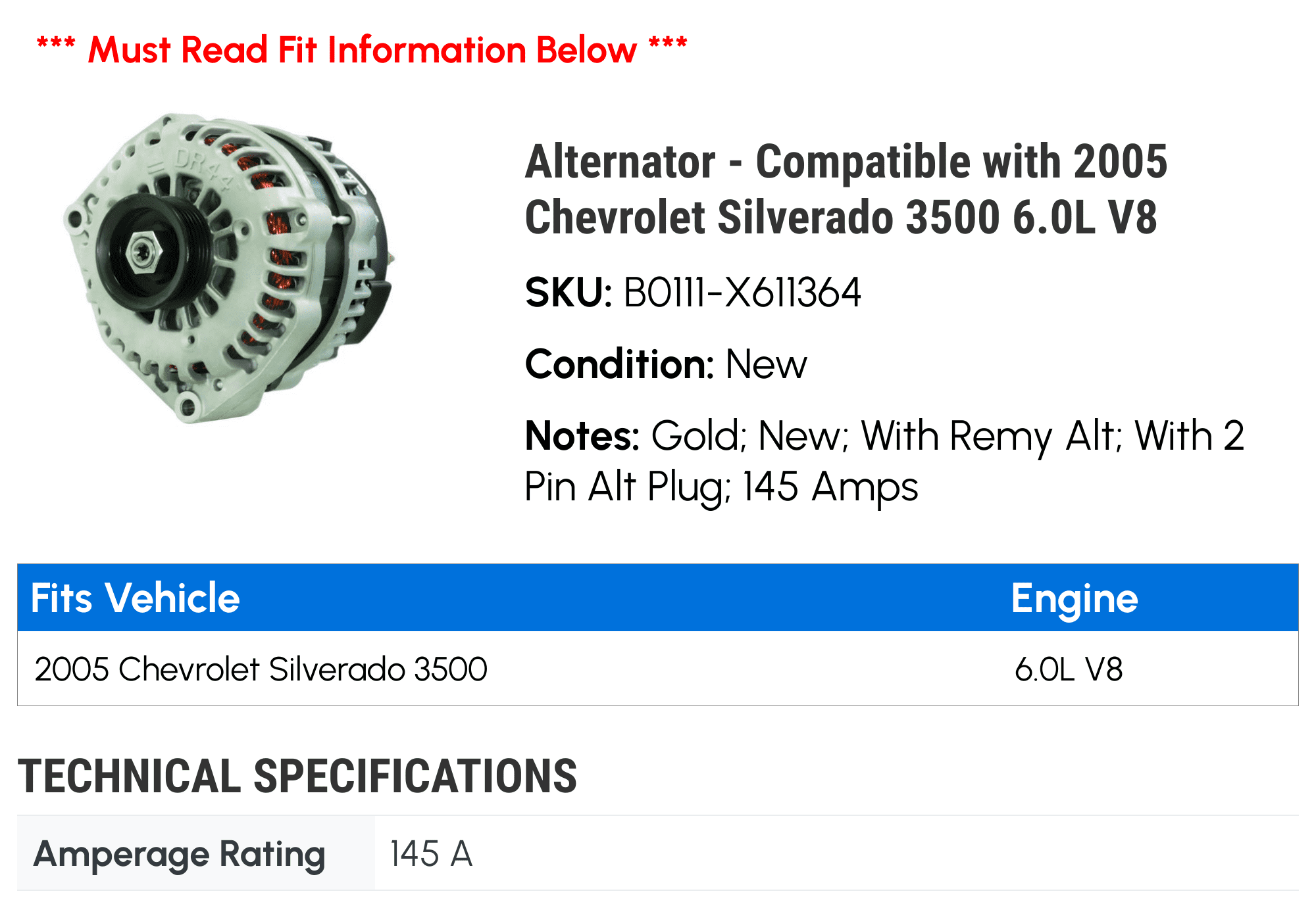 Alternator - Compatible with 2005 Chevy Silverado 3500 6.0L V8