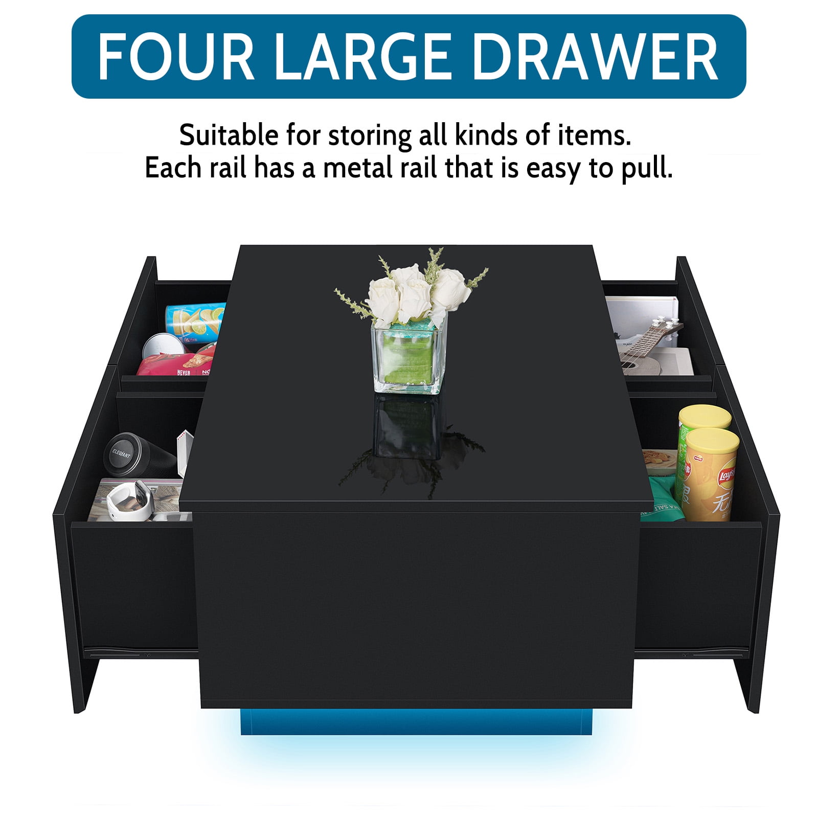 Hommpa Rectangular LED Coffee Table with 4 Drawers High Gloss Black Finish Modern Living Room Sofa Side Cocktail End Table 37.4 x 23.6 x 15.4 inches