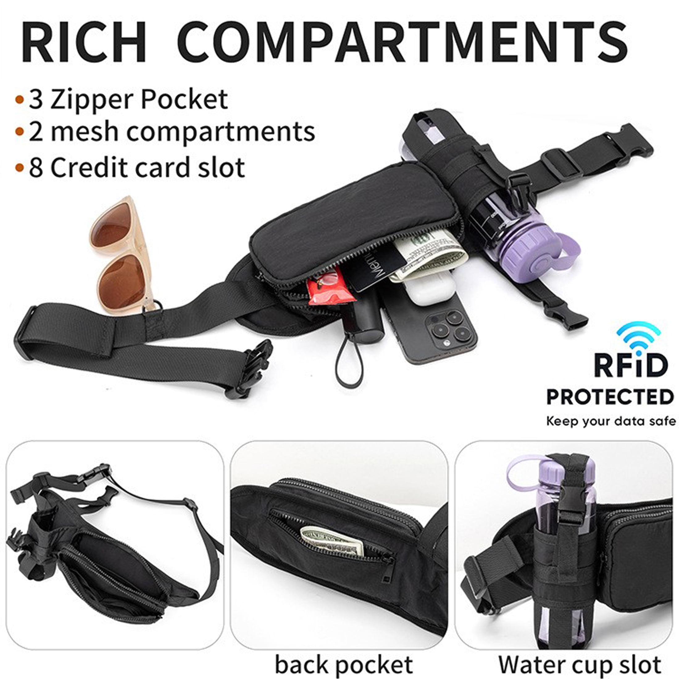 Oxford Cloth Running Belt Pack Large Capacity with Water Bottle Bag Sports Shoulder Pack Adjustable Zipper