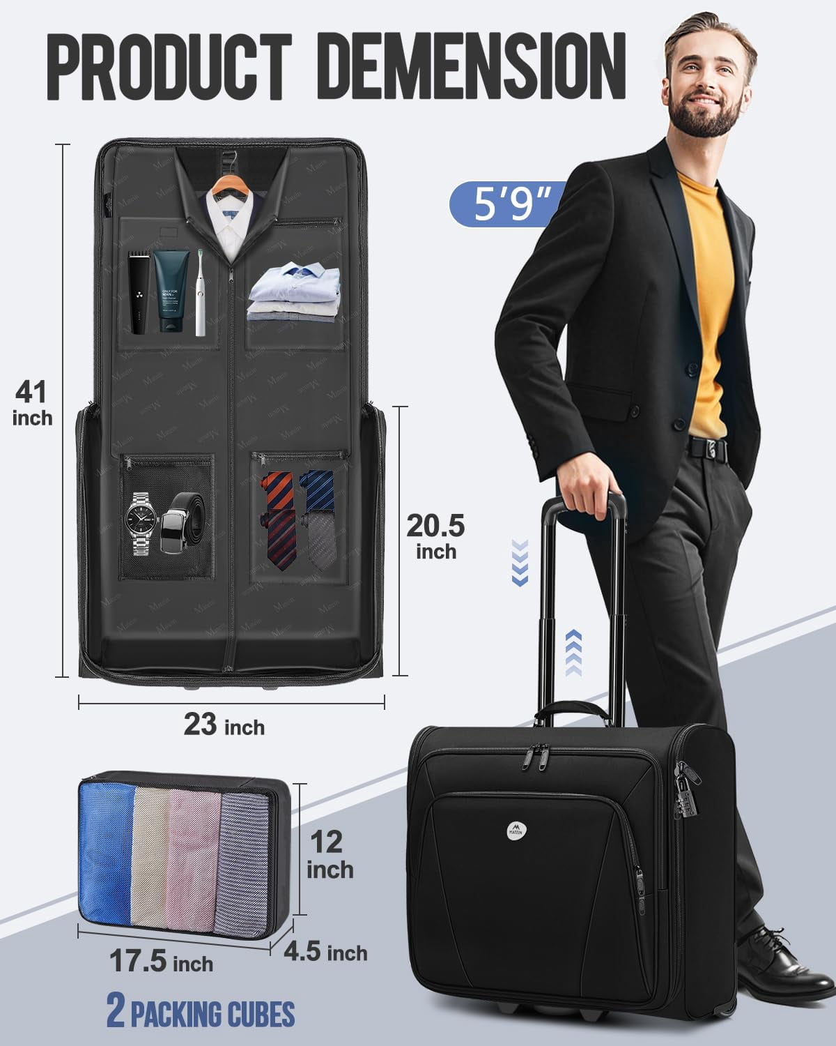 Matein Rolling Garment Bag, Softside Suit Bag with 2 Packing Cubes and Spinner Wheels for Men Women, Black