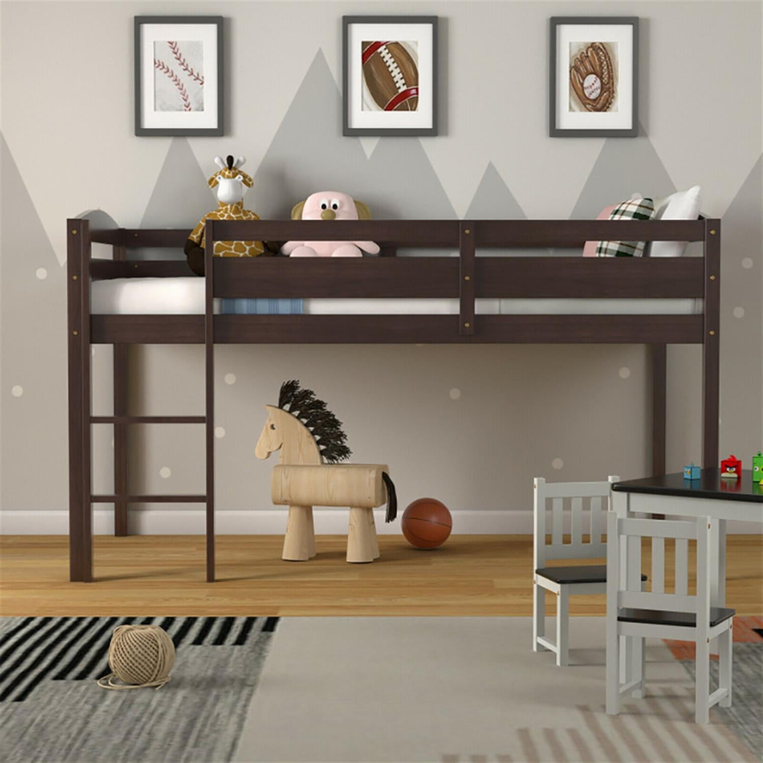 Demi Bonn Loft Bed Twin Size, Solid Wood Low Loft Bed with Guard Rail and Ladder, Modern Wooden Loft Bunk Bed Frame, Brown