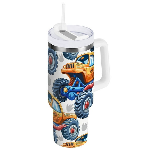 JSTEL Cartoon Monster Truck 40 oz Tumbler Stainless Steel Water Bottle Vacuum Insulated Cup with Straw Lid & Handle For Travel Car Cup Holder
