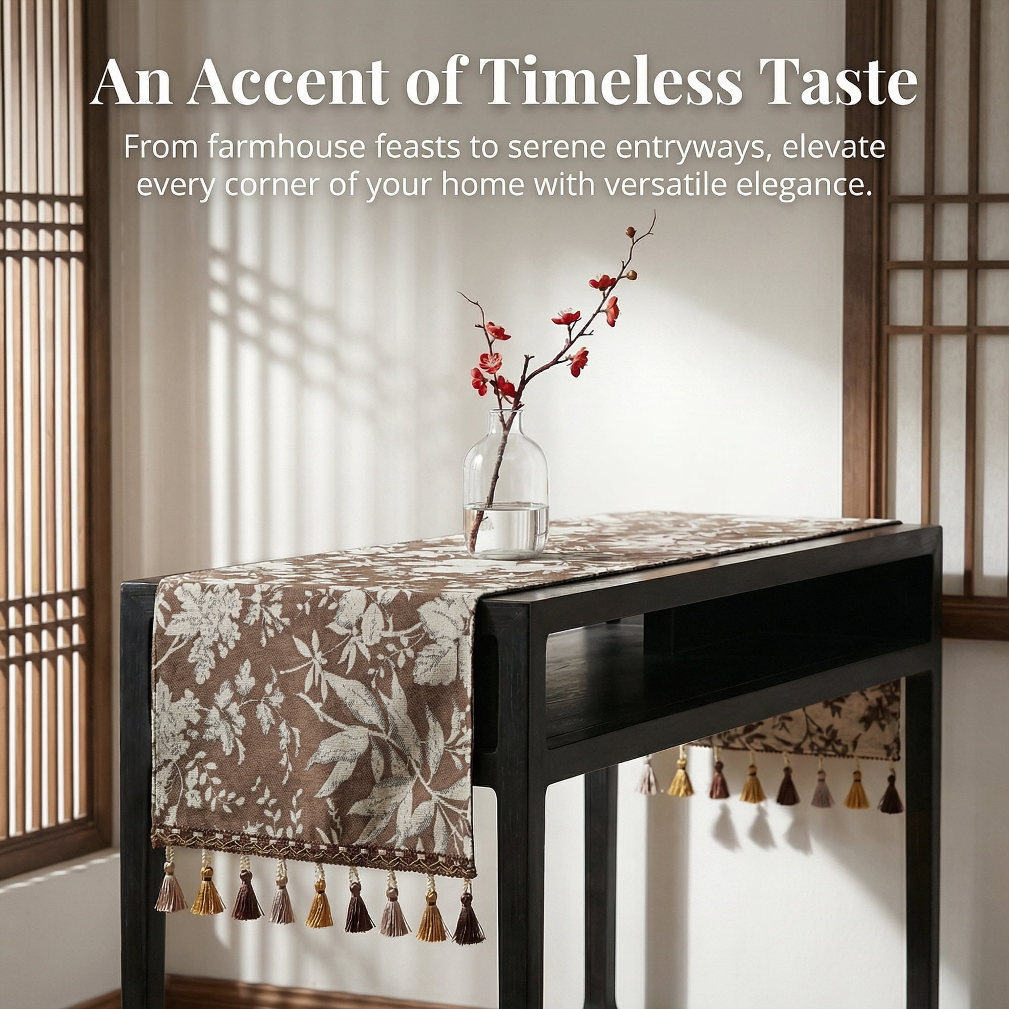 Unique Bargains Floral Table Decoration Kitchen Runner with Tassel Coffee 13.8x70.9in