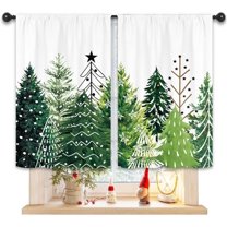 Christmas Tree Forest Kitchen Curtains 27.5W x 39L Inch Xmas Winter Pine Fir Holiday Seasonal Green Rod Pocket Short Small Window Treatment Drapes Decor 2 Panels