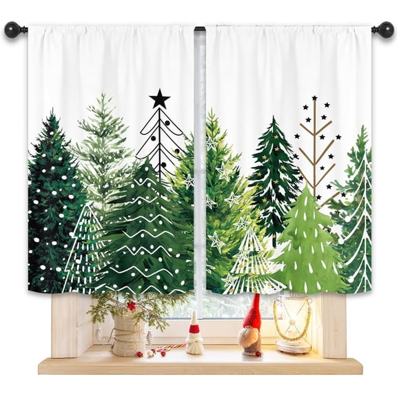 Christmas Tree Forest Kitchen Curtains 27.5W x 39L Inch Xmas Winter Pine Fir Holiday Seasonal Green Rod Pocket Short Small Window Treatment Drapes Decor 2 Panels