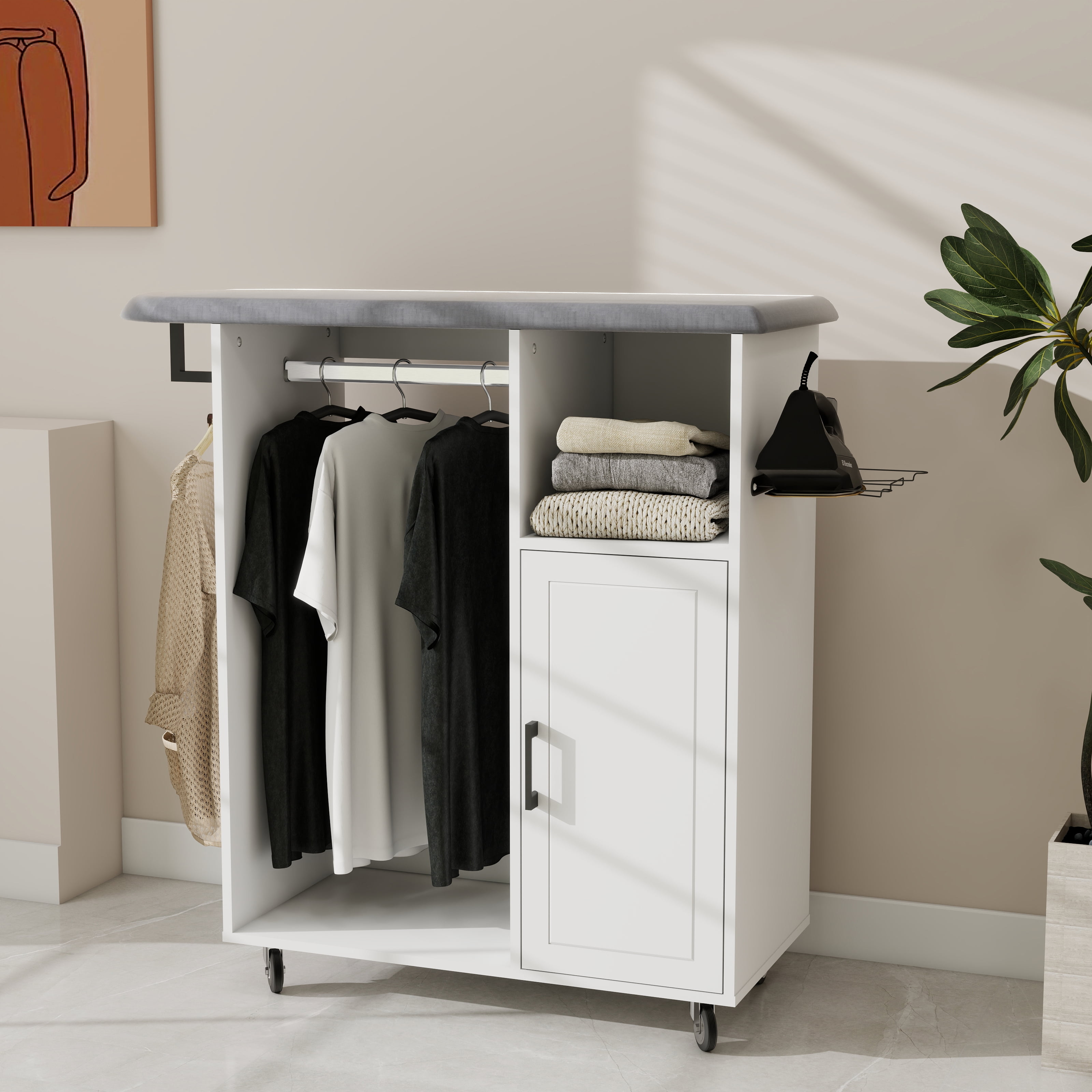 Ironing Cart with Rolling Ironing Board, Multipurpose Ironing Cabinet with Wheels, Compact Ironing Solution for Laundry Room, Bedroom,Cloakroom