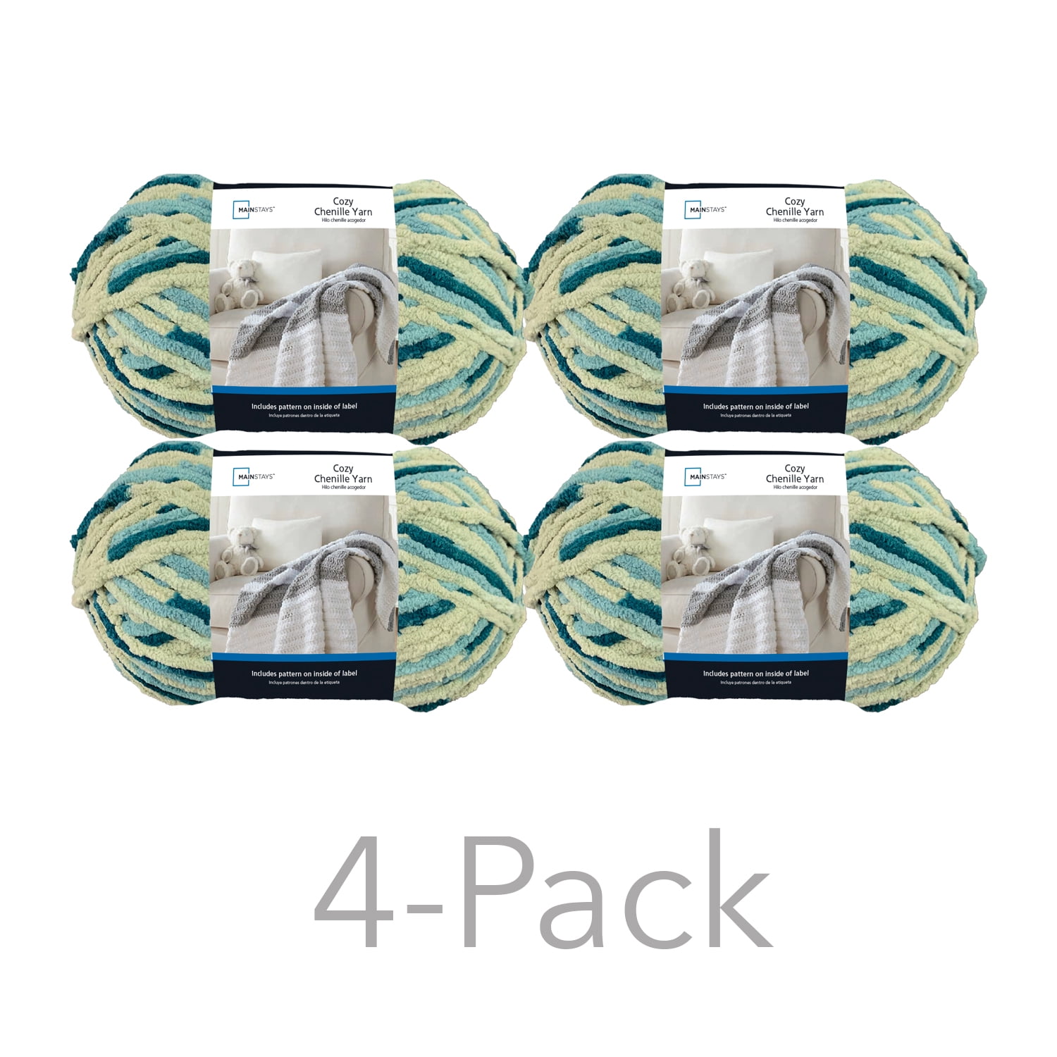 Mainstays Bulky Cozy Chenille Yarn Multi Teal, 220 yd, 4Pack