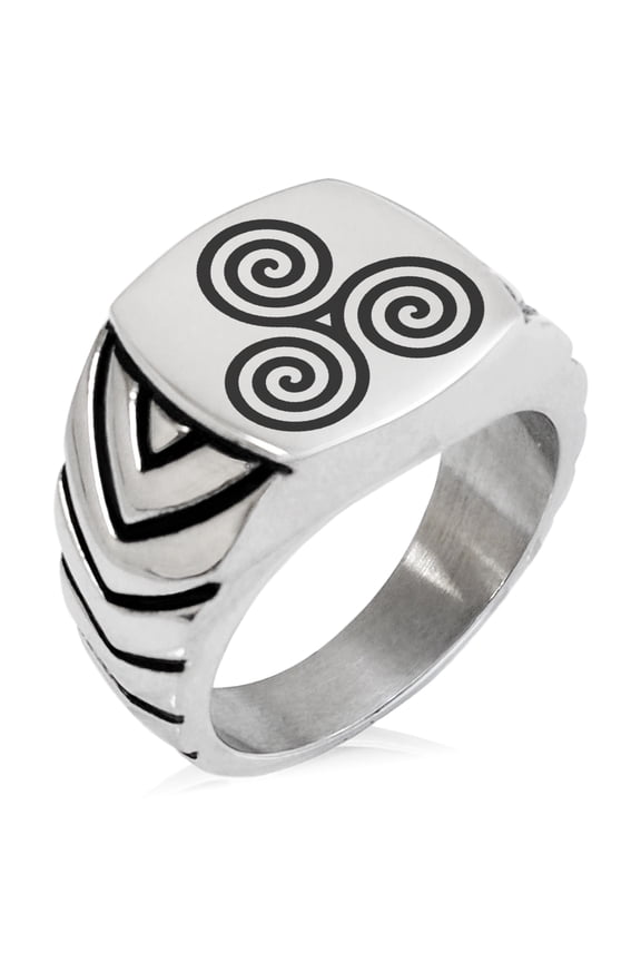 Stainless Steel Celtic Triskele Triskelion Triple Spiral Chevron Pattern Biker Style Polished Ring