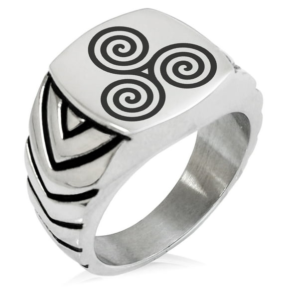Stainless Steel Celtic Triskele Triskelion Triple Spiral Chevron Pattern Biker Style Polished Ring