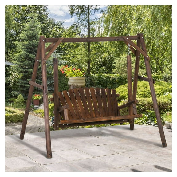 Outdoor Loveseat Swing - 6.5' 2-Person Solid Wood Patio Swing - Rustic Brown