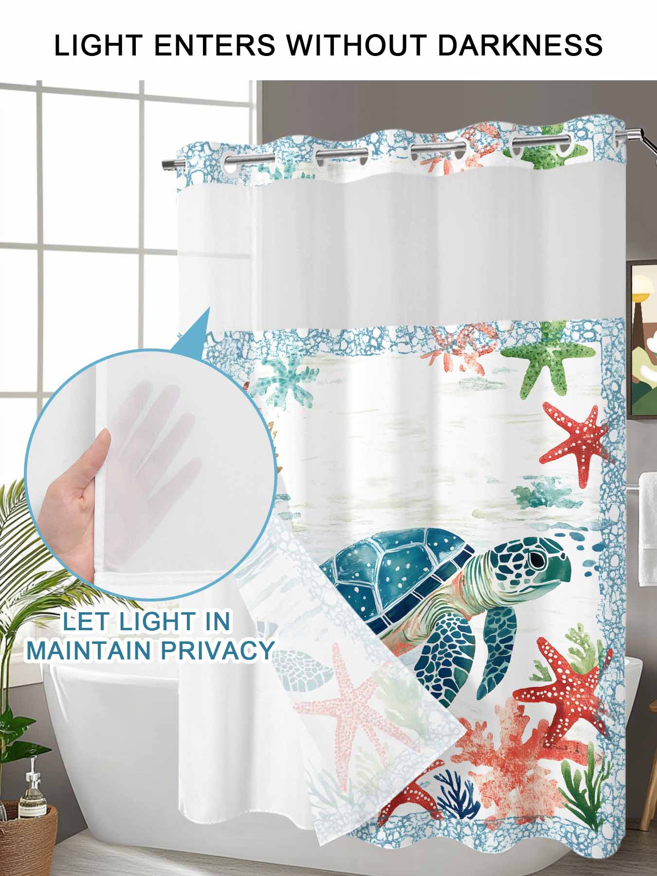 No Hook Shower Curtain with Snap in Liner,Nautical Blue Sea Turtle Starfish Waterproof Bath Curtain Double Layers with See Through Top Window,Ocean Coral Retro Border Hotel Shower Curtains 60x72in