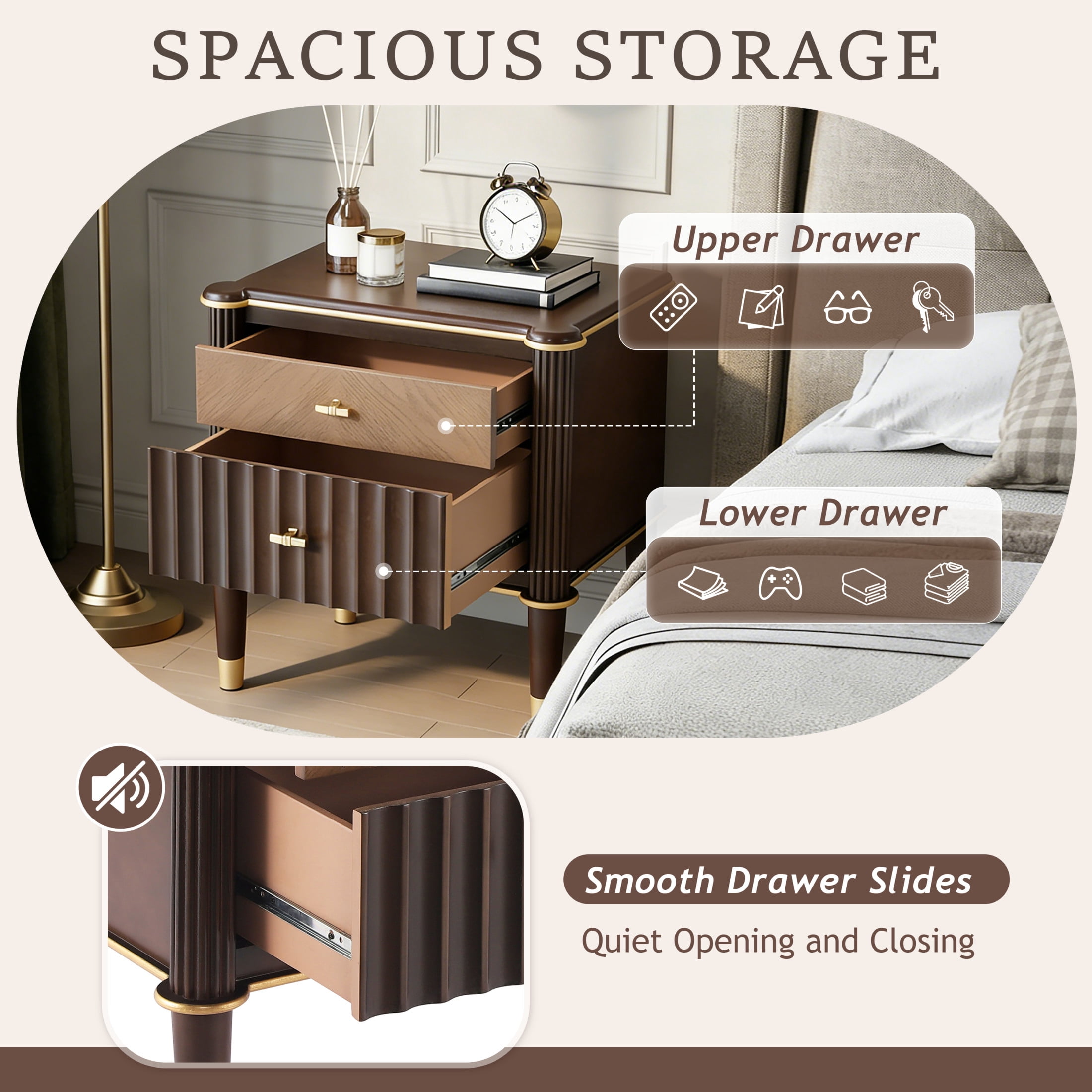 Christopher Knight Home 23.2” Fluted Nightstand with 2 Drawers, Bedside Table with Solid Wood Legs, Walnut