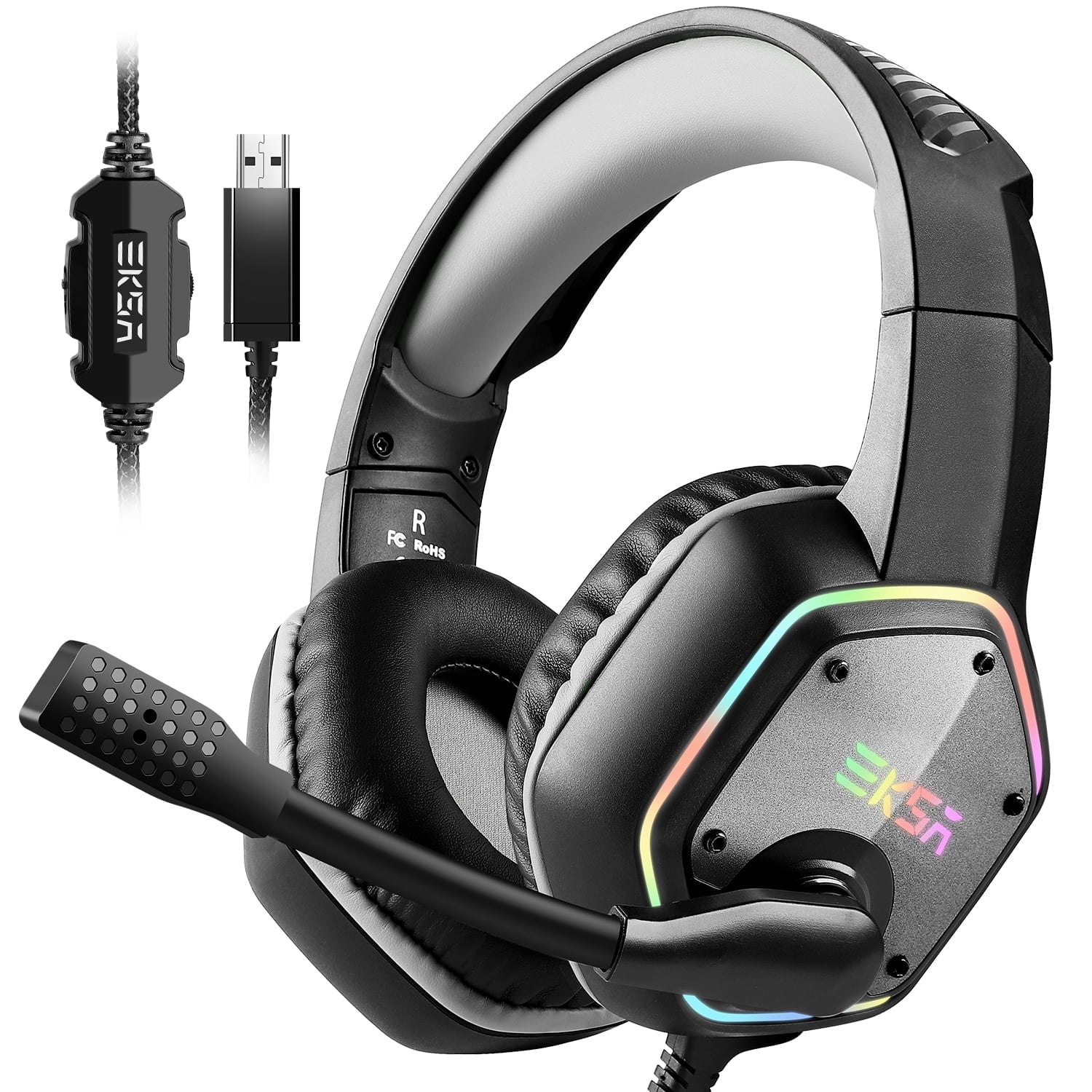 EKSA Gaming Headsets for Laptops Xbox PS4/PS5 Console-Over-Ear USB Headphones with 7.1 Surround Sound-Noise Cancelling Mic-E1000-Gray
