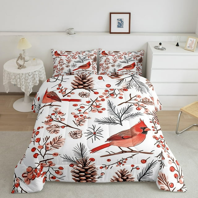 Ensemble de Douillette Cardinal Feuilles d'Automne Fruits Courtepointe Ensemble de Lit, Branches de Pin Ensembles de Literie Grand, Mignon Insert de Couette Faune Décorations de Noël