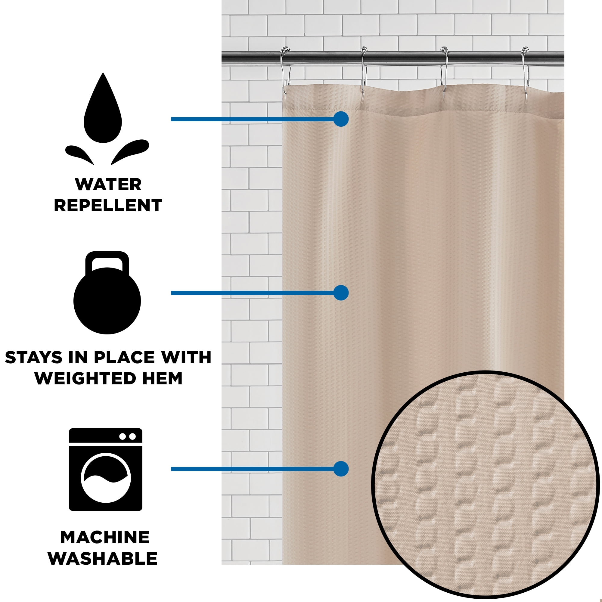 Tan Fabric Shower Liner, 70' x 72', Mainstays Water-Repellent Embossed Microfiber