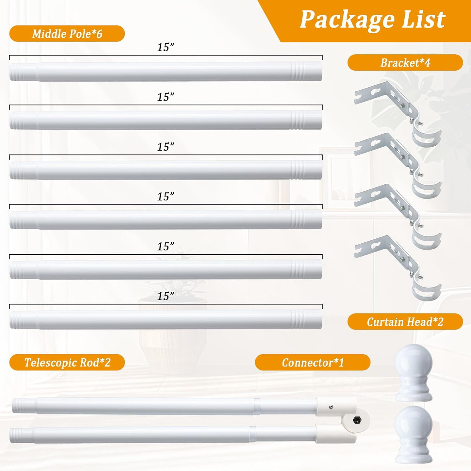 SOUMNS 1" White Bay Window Curtain Rods, 30" -136"Tecescoping Corner Curtain Rods（2 sides） for Bedroom