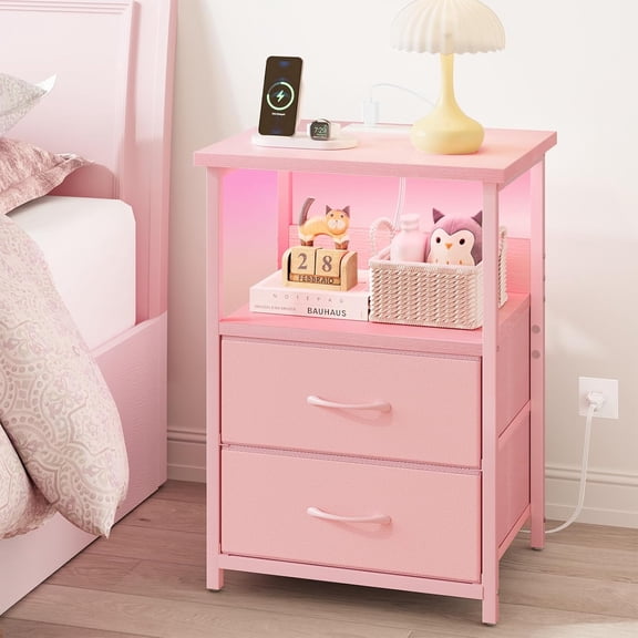 Night Stand with Charging Station, LED Nightstand with U-S-B Ports and Outlets for Small Spaces, 2 Fabric Storage Drawers, Bedside Table End Tables Bedroom