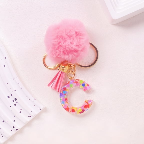 DESIGNICE Key Chains Women Cute- Letter Keychain, Letter A-Z Keychain Crystal Pink with Ball Pom Pom Key Ring for Women Backpack Handbags Cute Pendant