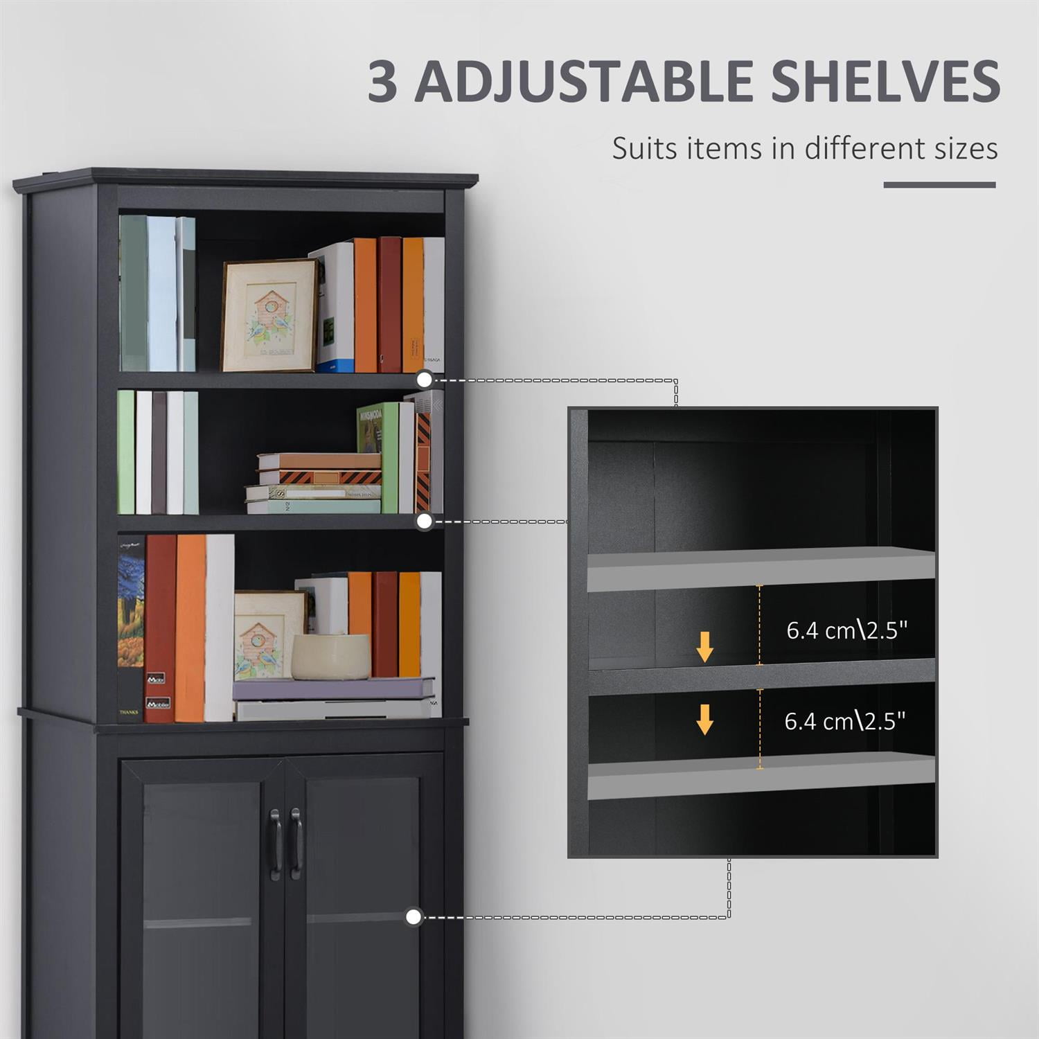 Demi Bonn 71" Bookcase Storage with Adjustable Shelves & Glass Doors for Home Office Spaces, Black