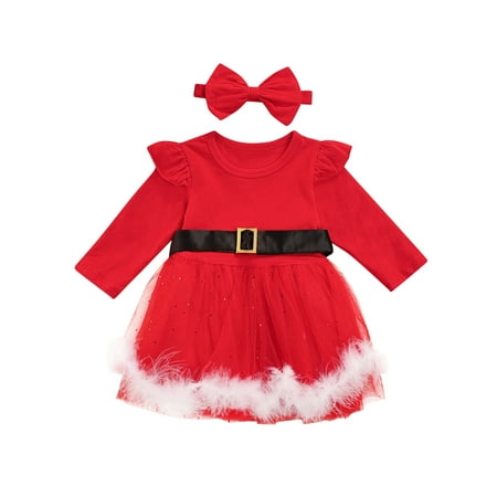 

Nokpsedcb Kids Baby Girls Christmas Dress Long Sleeve Midi Tulle Dress with Bow-knot Headband Clothes Set Red 6-12 Months