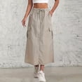 thumbnail image 5 of Women’s Casual Loose Fit Cargo Skirt High Waist Drawstring Elastic Waistband Long Skirt with Pockets for Daily Wear Khaki M, 5 of 5