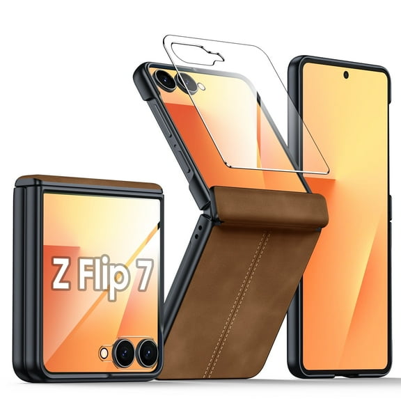Oupeigar for Samsung Galaxy Z Flip 7 Phone Case,Built-in Screen Protector & Ultra Thin PU Leather Matte PC Shockproof Cover Smartphone Case-Brown
