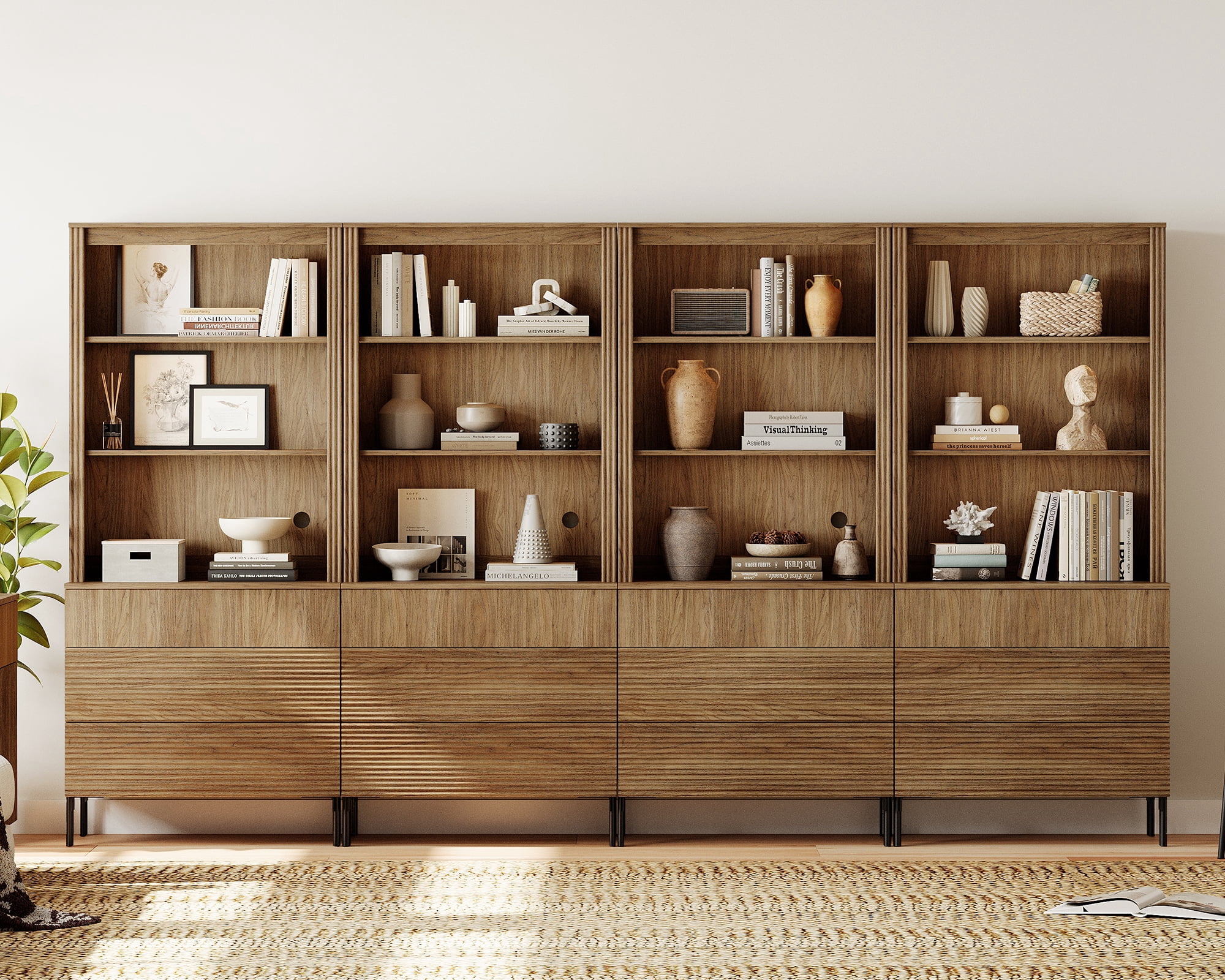 71.6"H X 126"W Set Of 4 Bookcase with Storage Cabinets, 12 Tier Bookshelf with Fluted Drawers and Adjustable Shelves, Large Modern Display Cabinet For Living Room Bedroom Home Office Kitchen