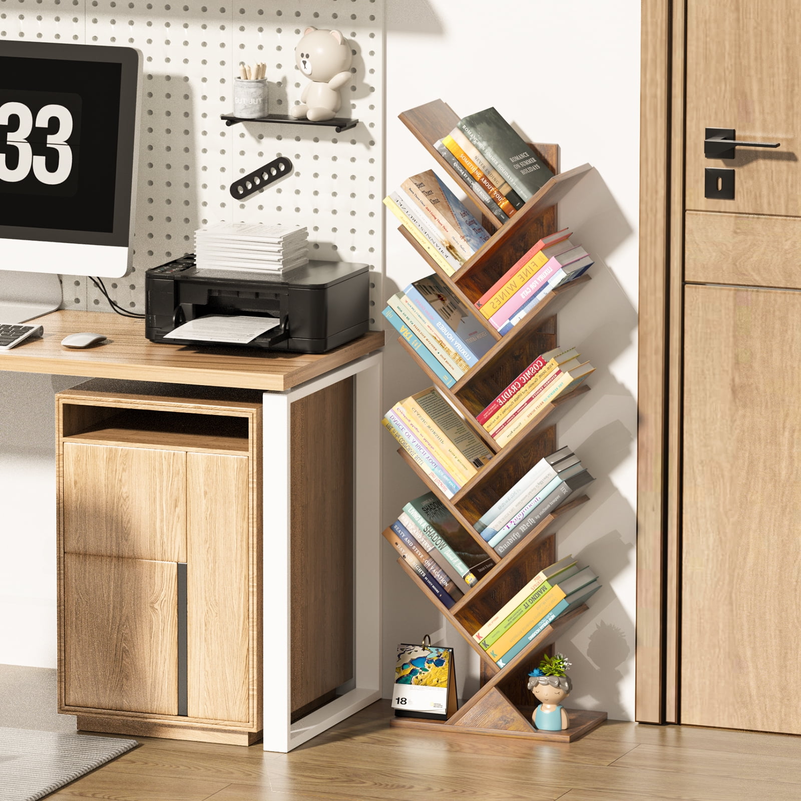 LELELINKY 10-tier Tree Bookshelf, Free-standing Storage Bookcase, Tall Bookshelf, Shelves for Living Room, Home Office, Bedroom, Balcony - Brown