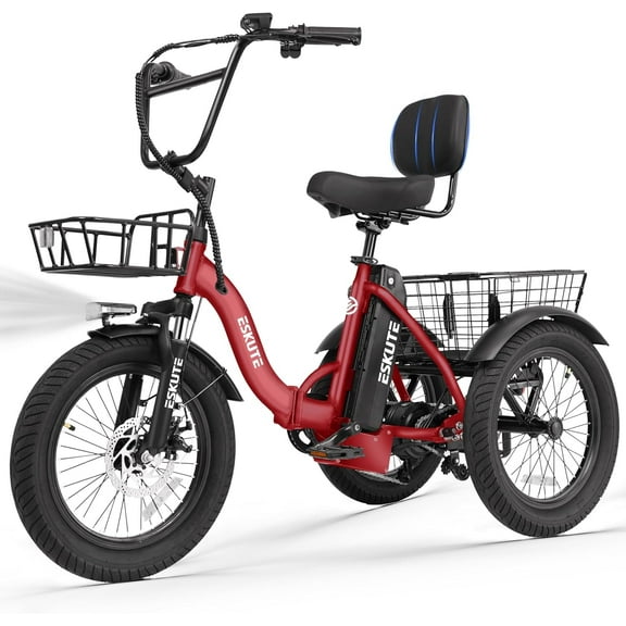ESKUTE Red E Trike Electric Bike, Peak 1200W Brushless Motor Folding Trike 18X3.0 Fat Tire Ebike, 499Wh Removable Battery, Step-Thru 3 Wheel Electric Bicycle, 48V 10.4AH 18MPH Tricycle for Adults