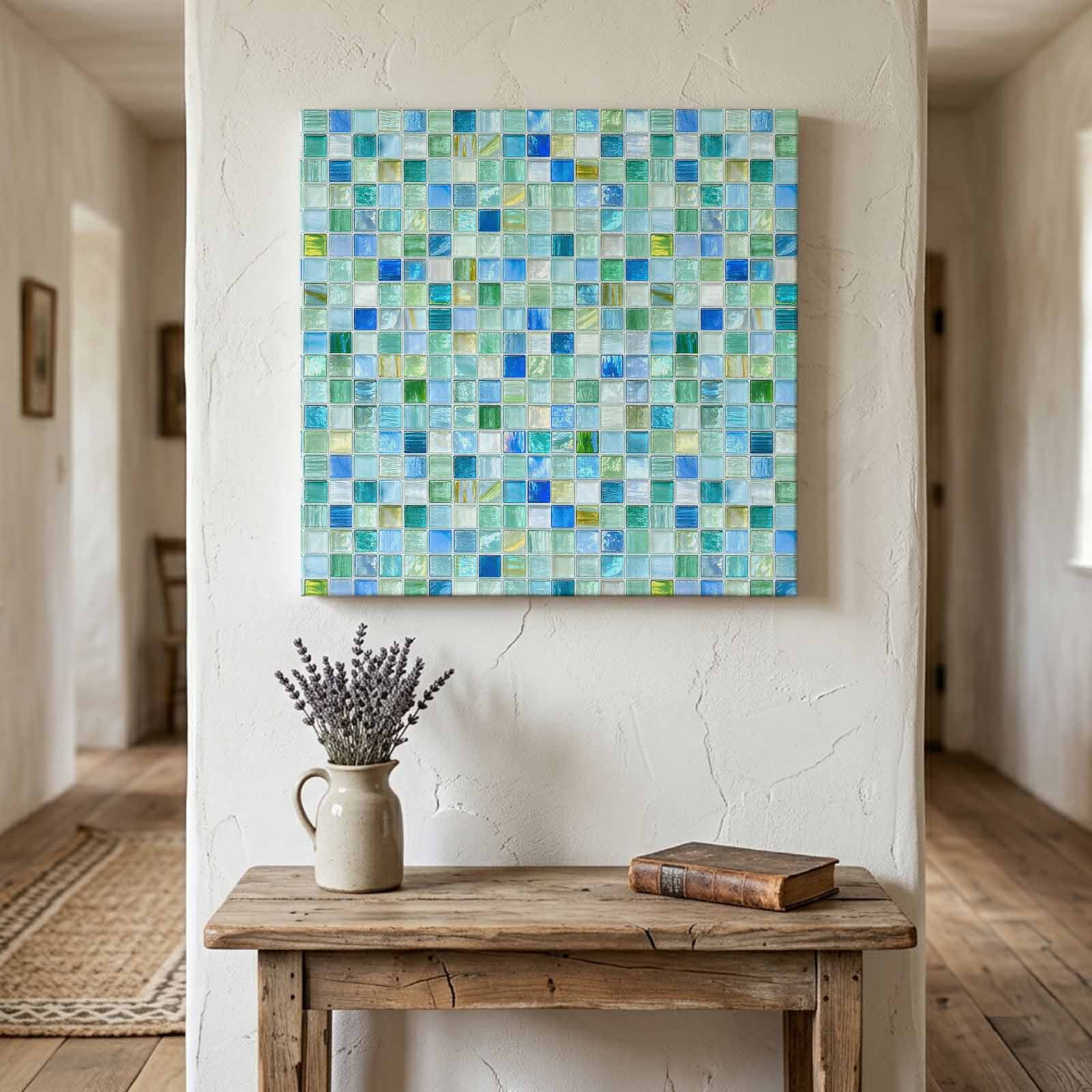 Mosaic Grid Canvas Wall Art for Living Room Bedroom Bathroom Abstract Retro Minimalist Blue Mint Green Checkered Canvas Art Wall Decor Artwork for Walls Home Office Decor 10 x10