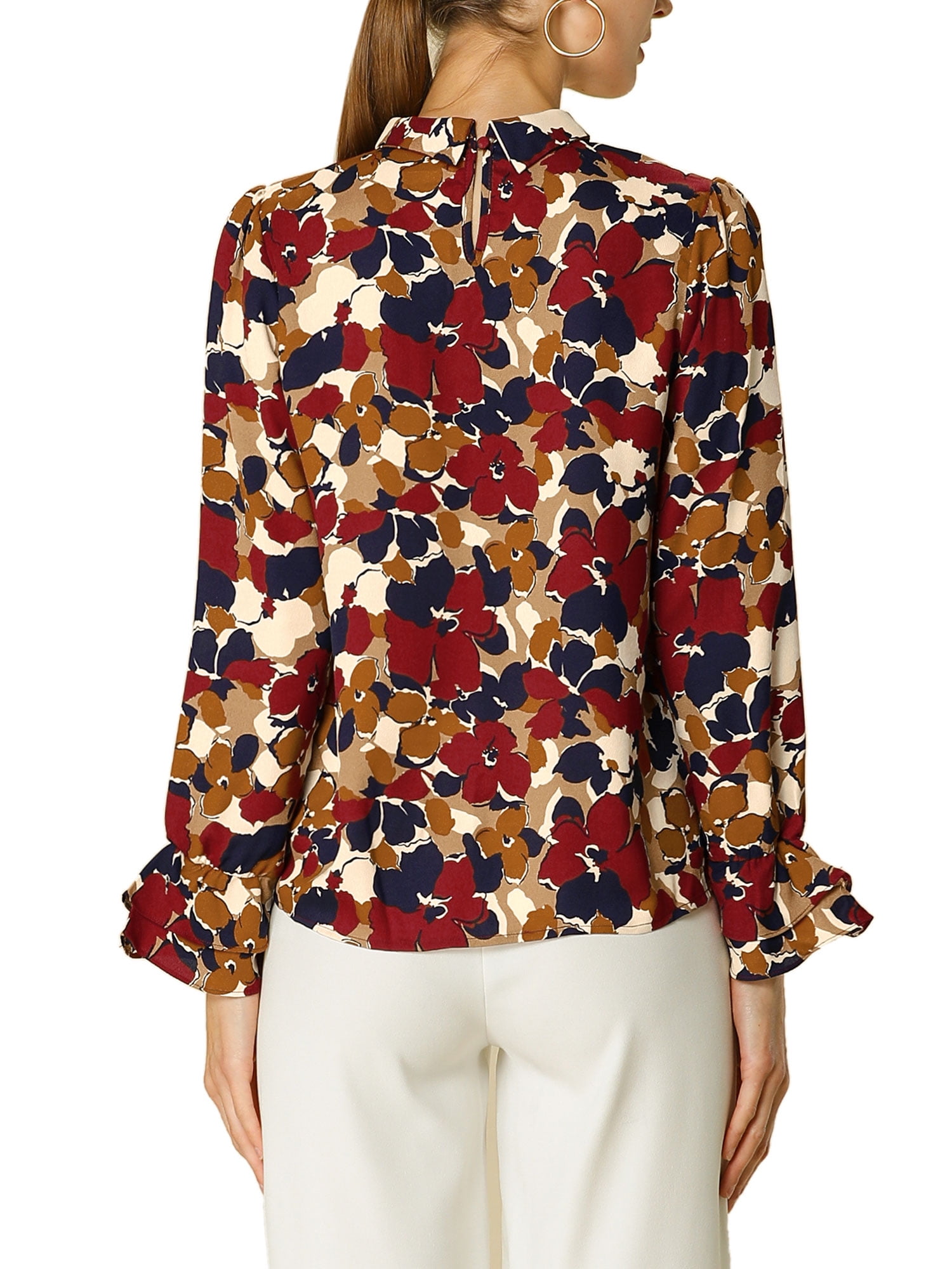 DARING DIVA Women's Tie V Neck Floral Shirt Trumpet Blouse L Red