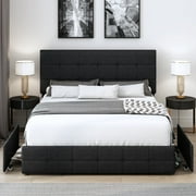 Homfa Queen Size 4 Storage Drawers Bed Frame, Square Tufted Upholstered Platform Bed with Adjustable Headboard, Black