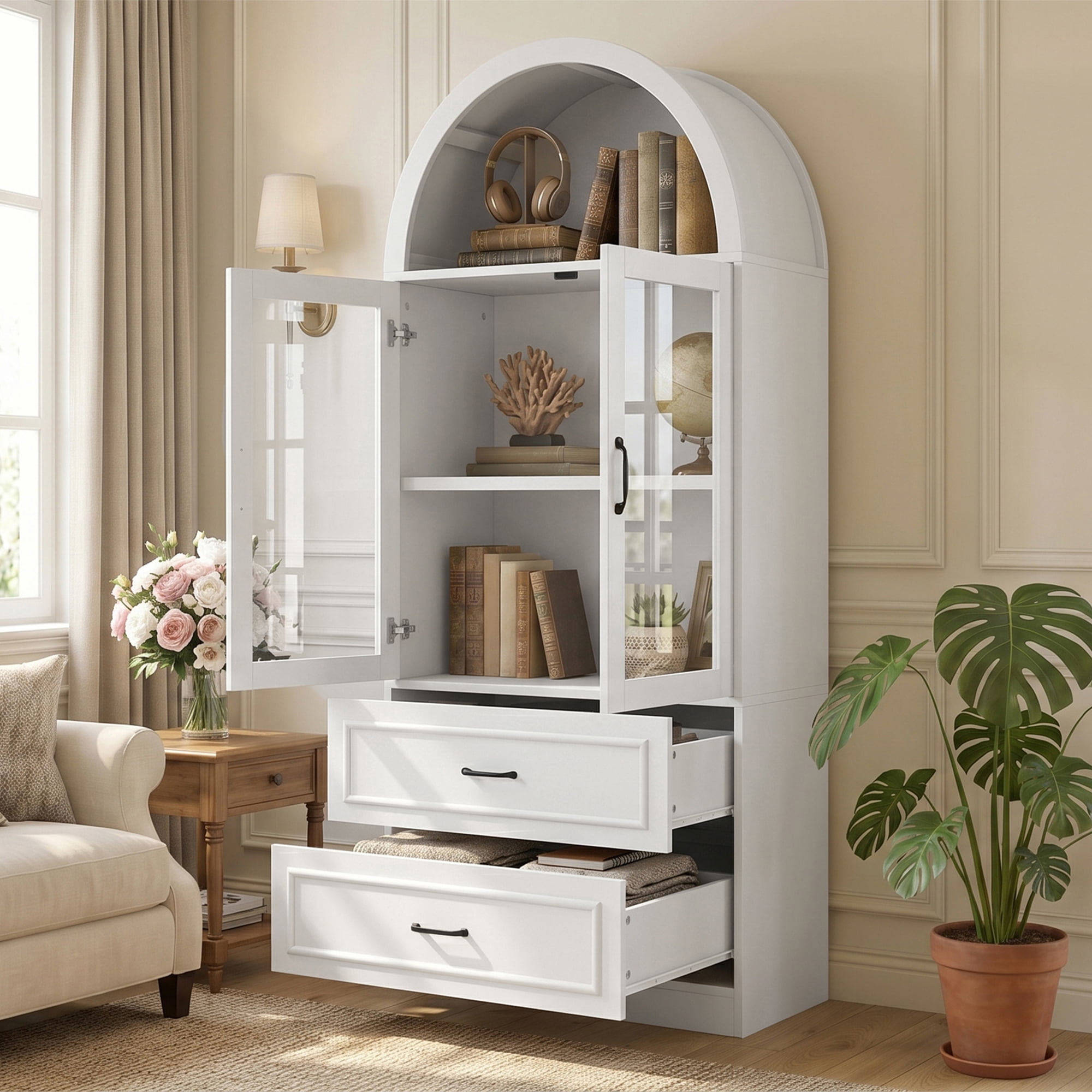 Arched Top Storage Cabinet with Tempered Glass Doors, Fixed 2-Tier Shelves, 2 Large Drawers, Soft Close Hinges & Exquisite Metal Handles, White