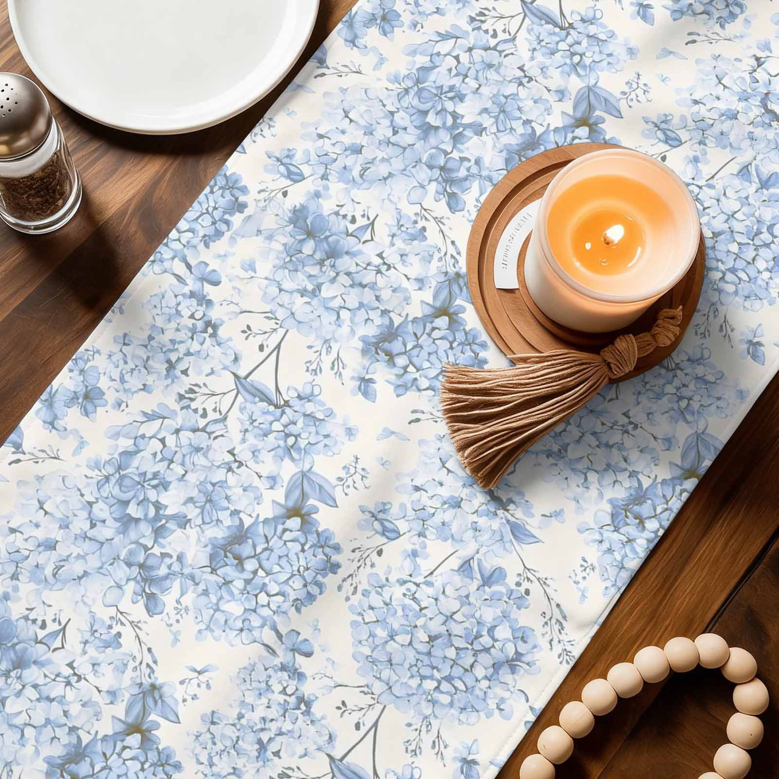Blossoms Hydrangea Floral Table Runner 90 Inches Long,Kitchen Dining Tablerunners Blue Flowers Linen Table Runners Dresser Scarves for Home Dinner Wedding Holiday Party Decor