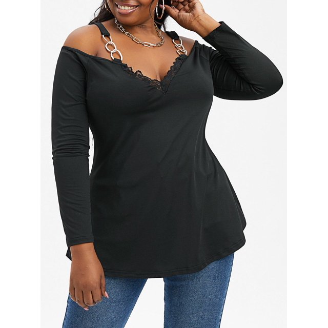 Camiseta Talla Extra Panel Encaje Hombros Descubiertos Rosegal Mangas largas de talla grande