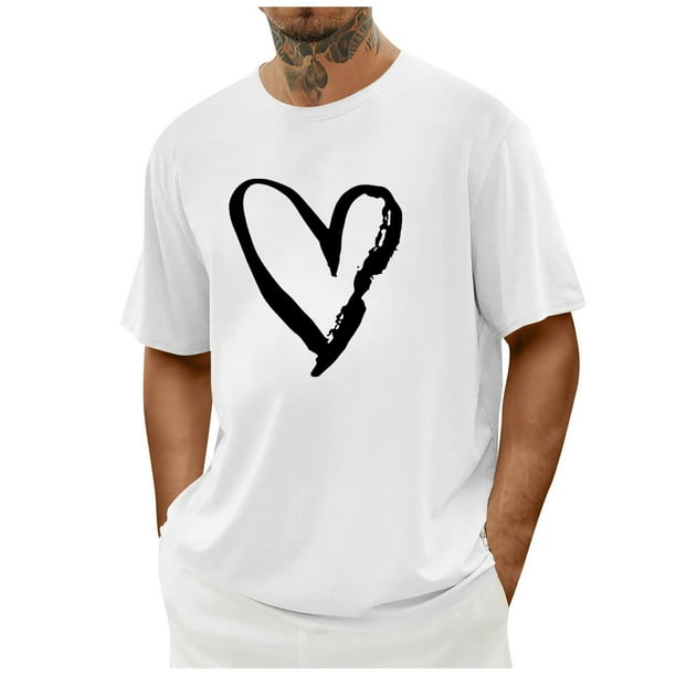 Tops para hombre, blusas y camisas de cuello redondo y manga corta para hombre. Camiseta/camisa informal de cuello redondo y manga corta con estampado de corazones para hombre. Tops de poliéster para