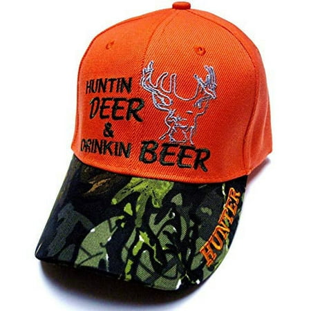 Hunting Deer & Drinking Beer Two Tone Camo Camouflage Bill Blaze Orange Hat Cap Hunter Adult Men s Adjustable