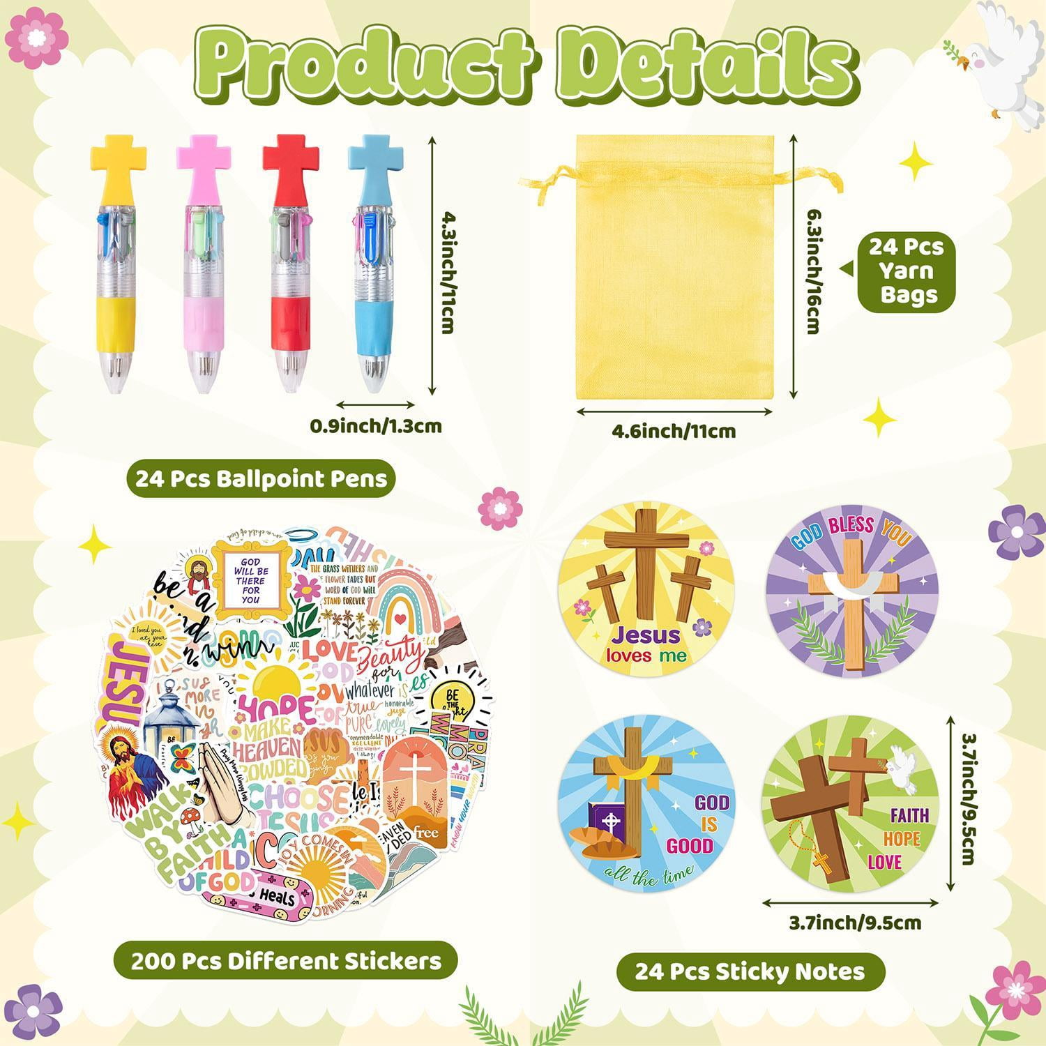 24 Set Christian Stationery Party Favors 4-In-1 Pens Sticky Note Stickers Net Bag Kit for Teaching Rewards Prizes