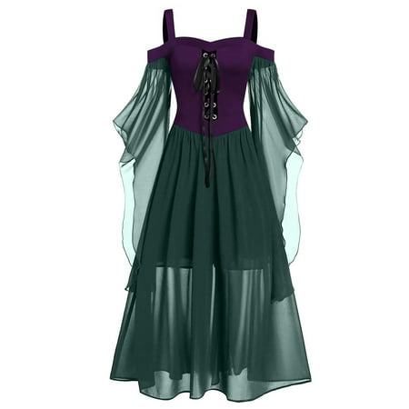 Lolmot Renaissance Dress for Women 50s Gothic Retro Steampunk Dress Off Shoulder Chiffon Long Sleeve Dresses Medieval Masquerade Dress