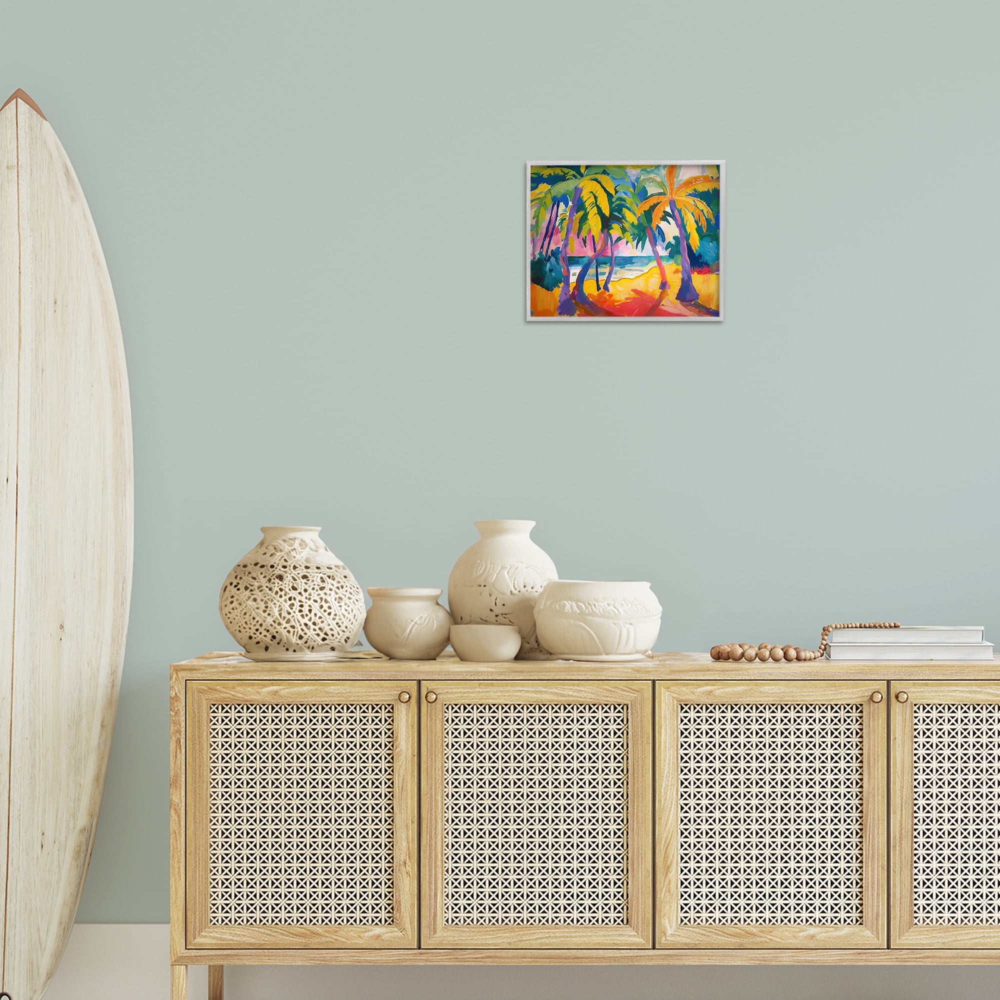 Stupell Industries Tropical Palm Paradise Coastal Painting Gray Framed Art Print Wall Art, 14 x 11