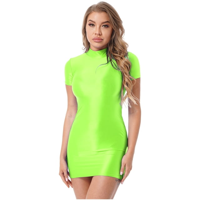 Jhaoyu Robe Moulante Mini Élégante pour Femmes à Manches Courtes, Fête, Boîte de Nuit, Robe Crayon, Tenue de Boîte de Nuit, Vert Fluorescent m