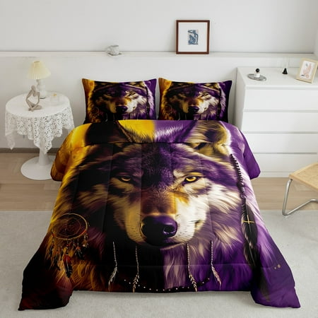 Wolf Dream Catcher Comforter Set Full Size,American Wolf Bedding Set Adults,Indian Wolf Bedding Comforter Sets Safari Animal Quilt Bed Set 3Pcs