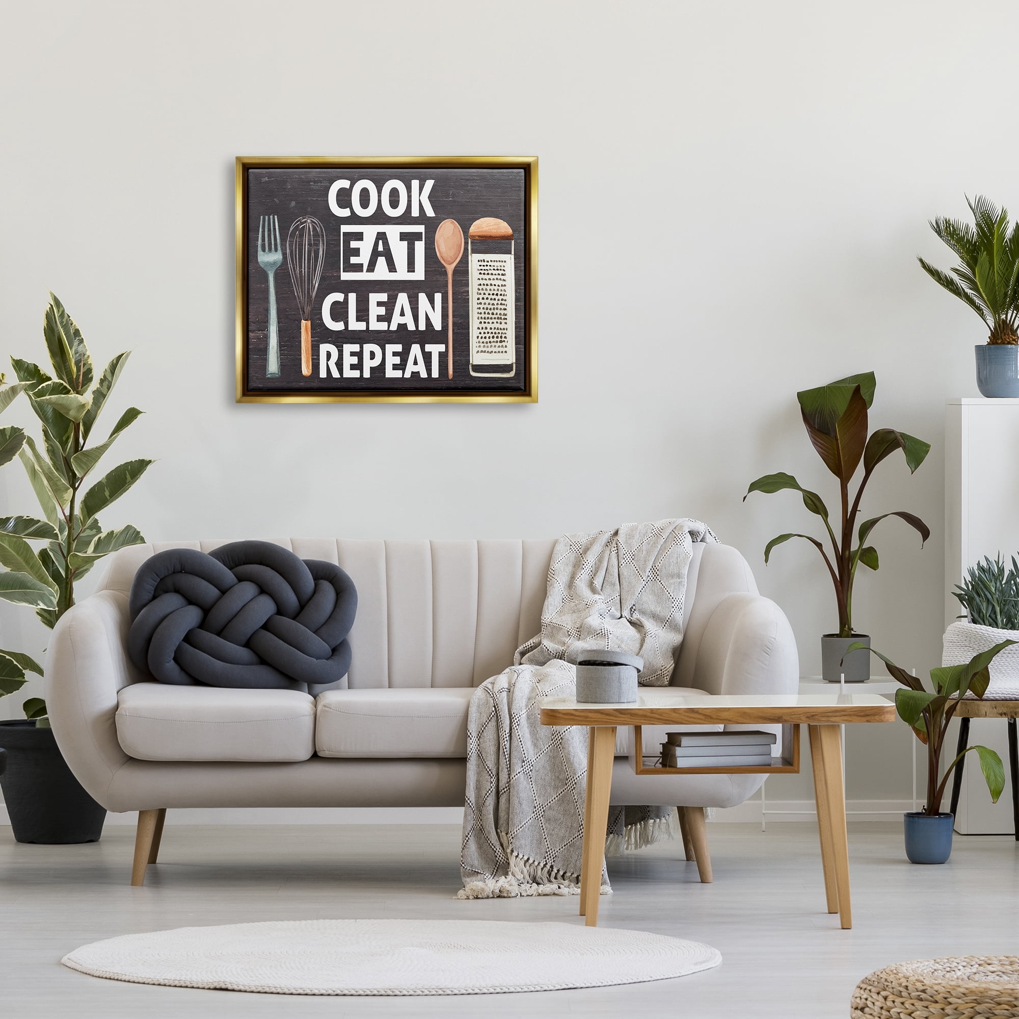 Stupell Industries Cook Eat Clean Repeat Phrase Food & Beverage Painting Gold Floater Framed Art Print Wall Art