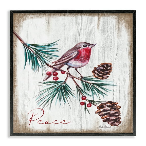 Stupell Industries Rustic Bird & Pinecones Holiday Painting Black Framed Art Prints Wall Art, 12 x 12