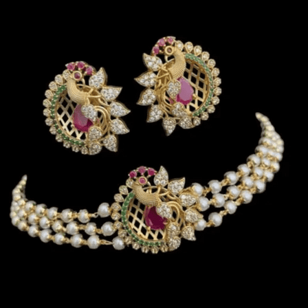South Indian Bollywood Gold-Plated Flower Design Kemp Short Necklace Set – Ruby, Green & White CZ Stones with Matching Earrings Bridal Jewelry