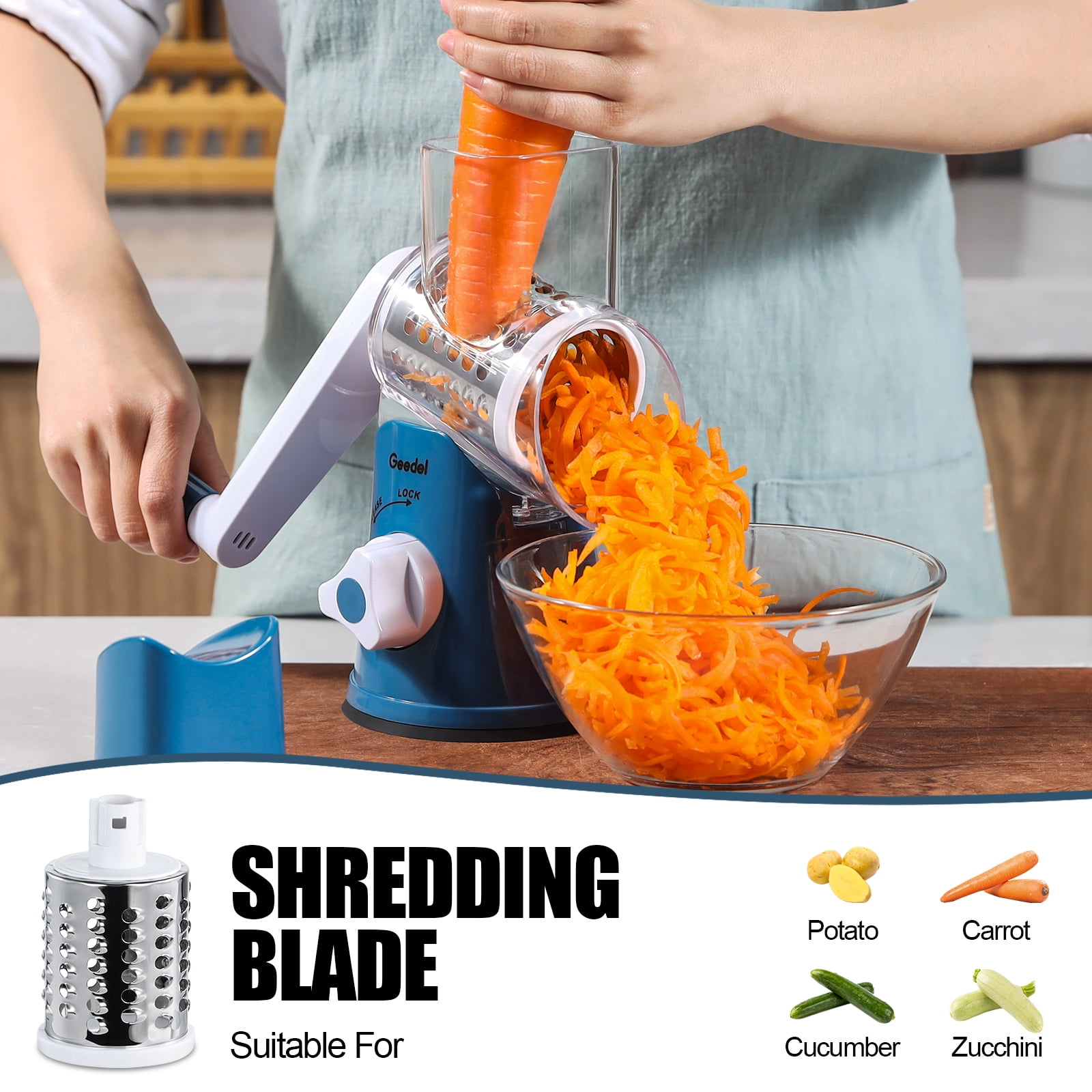 Geedel Rotray Chease Grater, Easy to Clean Vegetable Mandoline Slicer with 3 Drum Blades, High Efficiently Vegetable Spiralizer Cutter