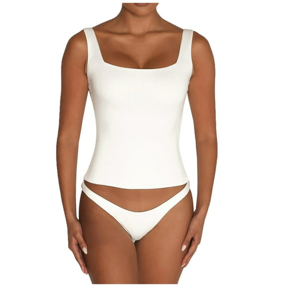 Mrat Workout Basic Crop Tops Women's Fashion Casual Spring Summer Beach Solid Color Round-Neck Tank Tops Tank Tops for Women 2024 S-192 White M
