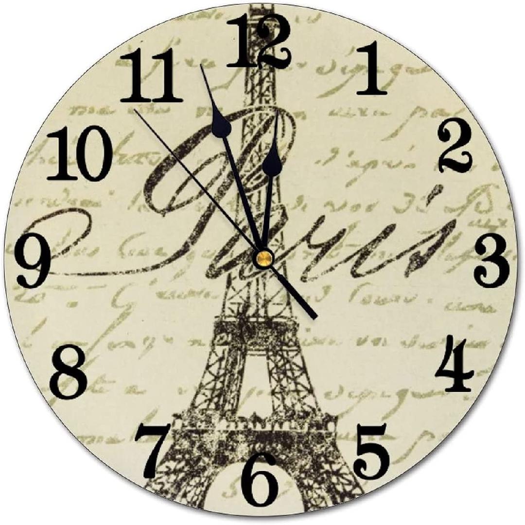 Vintage Eiffel Tower Wall Clock Battery Operated Silent Round Clock